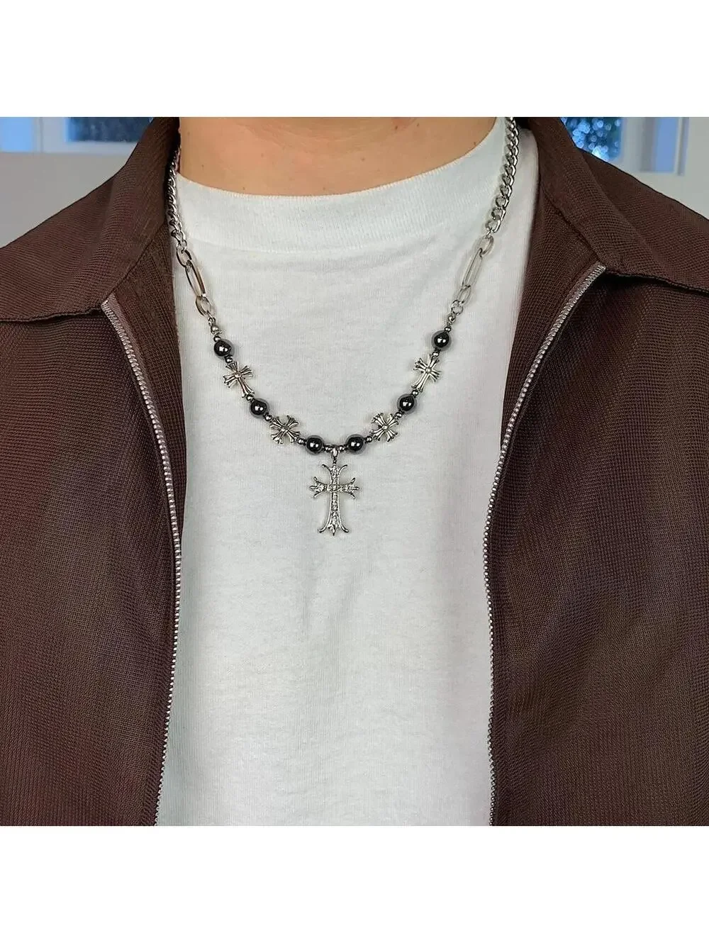 y2k 2000s style grunge chrome pearl rhinestone silver cross pendant Cuban link